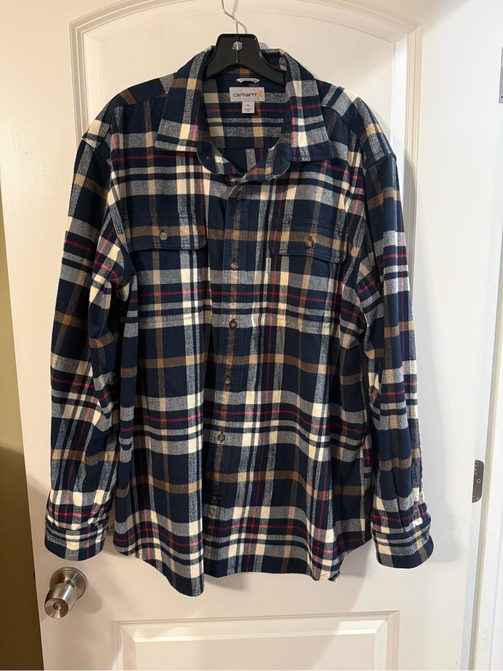 Carhartt Men's Navy, Cream & Brown Plaid Button-Down Black Flannel Shirt